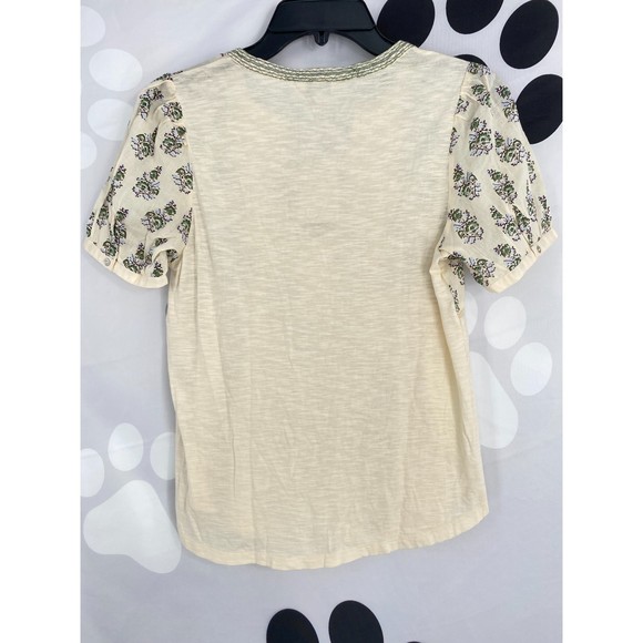 Lucky Brand NWT Mixed Media Embroidered Short Sleeve V Neck Boho Top Nat XS New - Picture 3 of 10